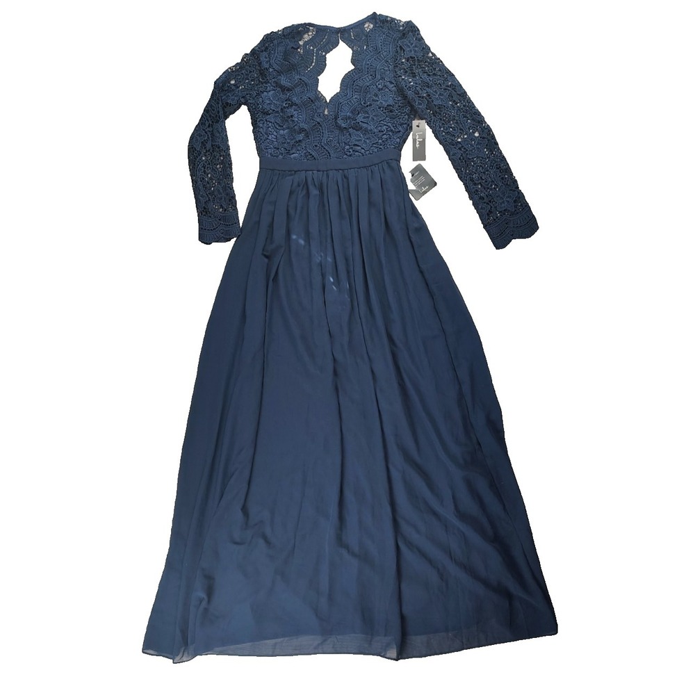 Lulus Brand‎ Awaken My Love Navy Blue Long Sleeve Maxi Dress Open Back L NEW **